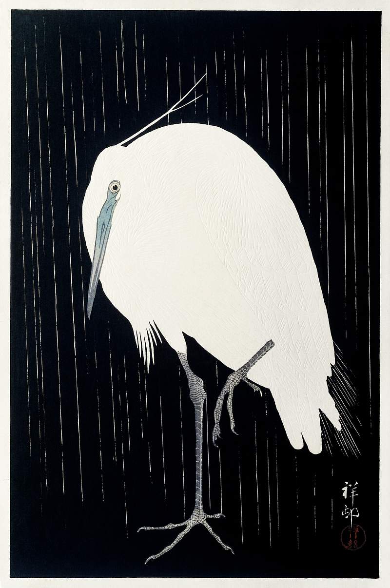 Egret in the rain (1925 - 1936) by Ohara Koson (1877-1945). Original from The Rijksmuseum. Digitally enhanced by rawpixel.