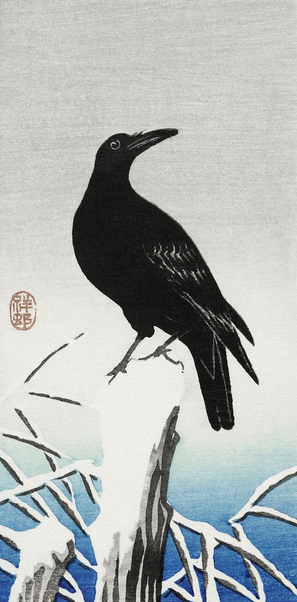 Crow on snowy pole (1925 - 1936) by Ohara… | Free public domain illustration Crow on snowy pole (1925 - 1936) by Ohara Koson (1877-1945). Original from The Rijksmuseum. Digitally enhanced by rawpixel.