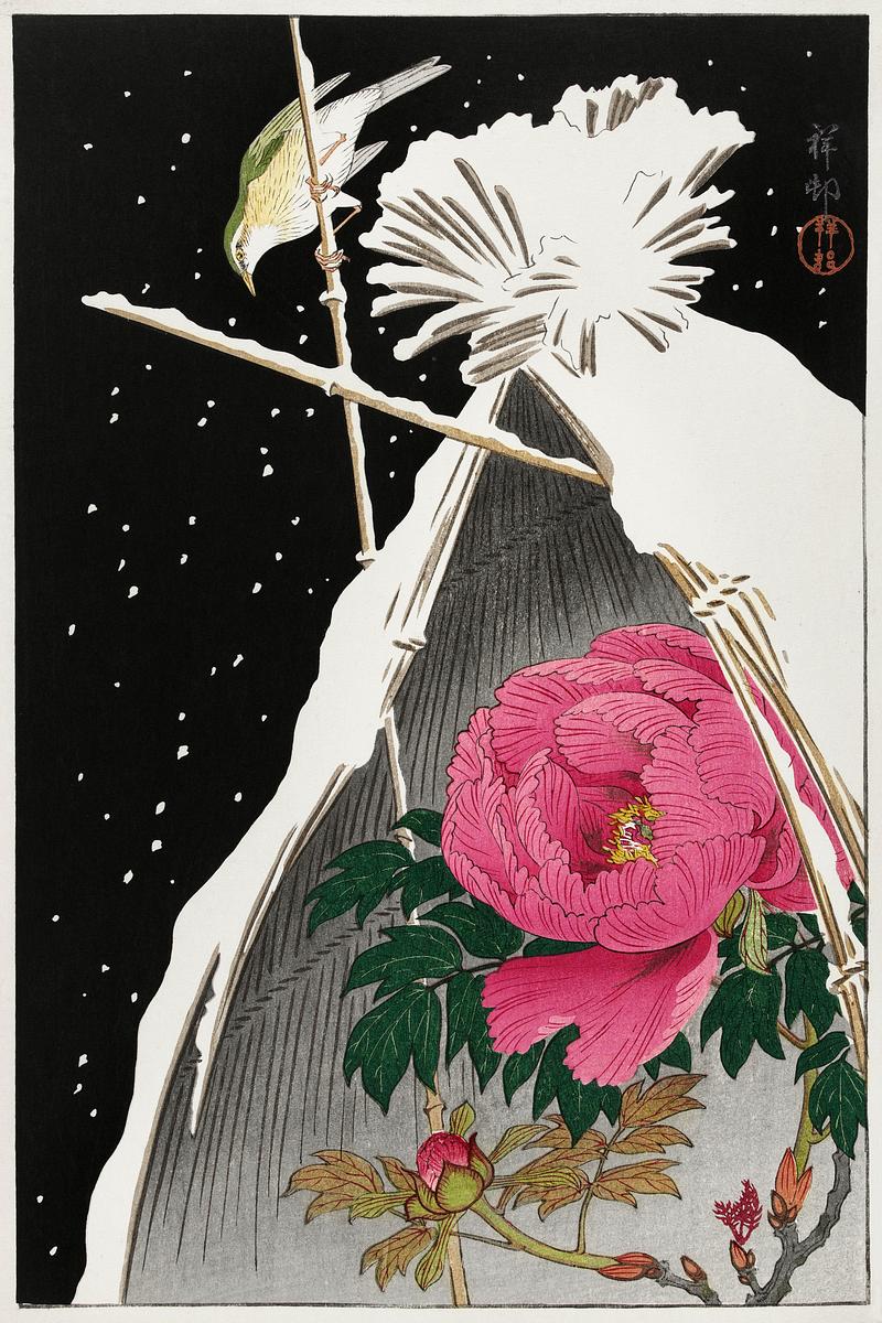 Siberian bluechat next to a peony (1925 - 1936) by Ohara Koson (1877-1945). Original from The Rijksmuseum. Digitally enhanced by rawpixel. Siberian bluechat next to a peony (1925 - 1936) by Ohara Koson (1877-1945). Original from The Rijksmuseum. Digitally enhanced…