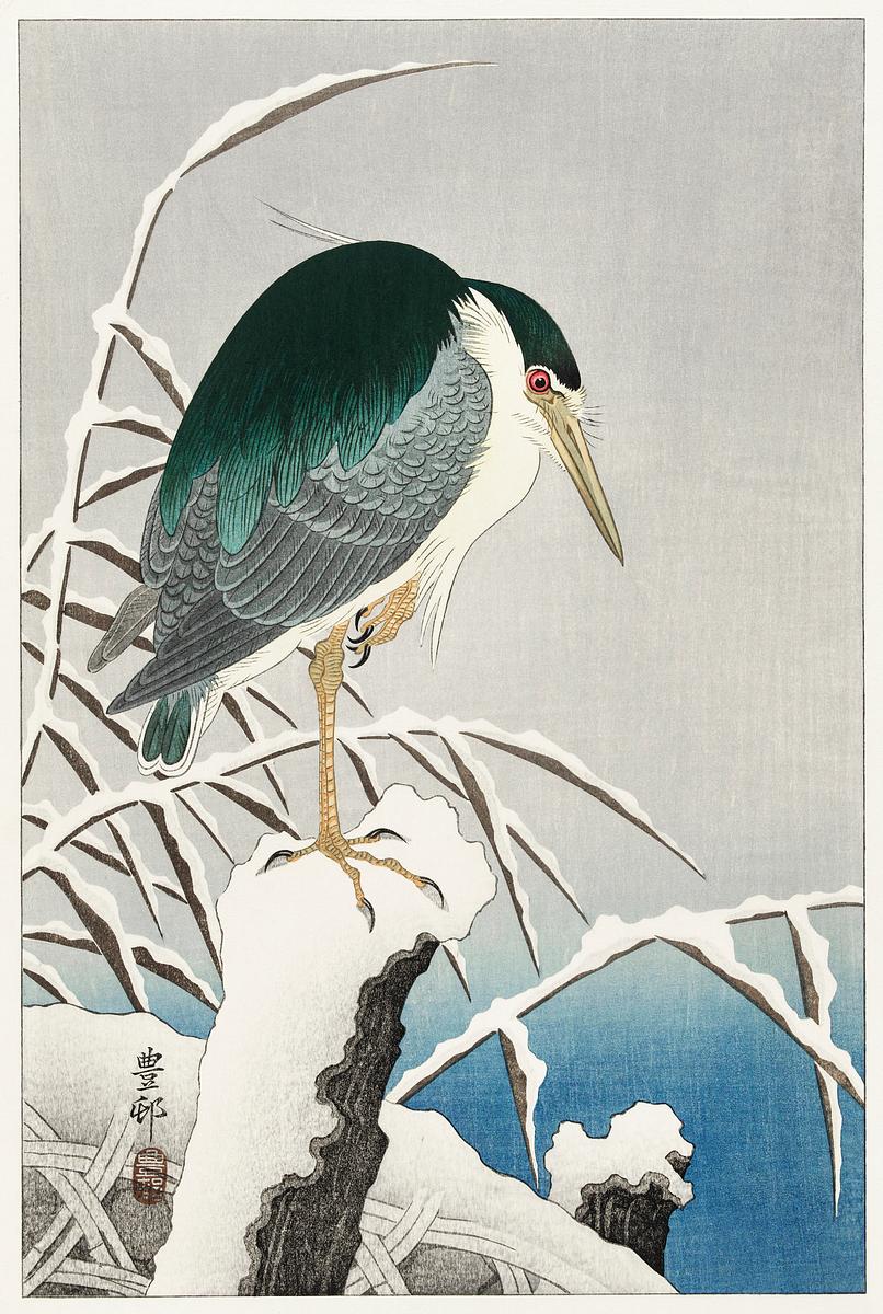 Heron in snow (1920 - 1930) by Ohara Koson… | Free public domain illustration Heron in snow (1920 - 1930) by Ohara Koson (1877-1945). Original from The Rijksmuseum. Digitally enhanced by rawpixel.