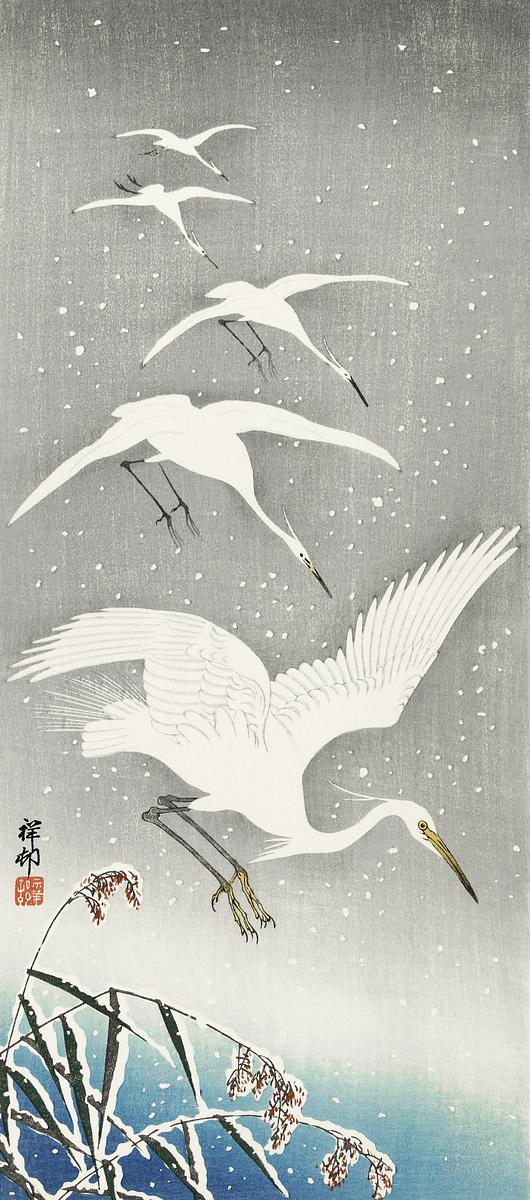Descending egrets in snow (1925 - 1936) by… | Free public domain illustration Descending egrets in snow (1925 - 1936) by Ohara Koson (1877-1945). Original from The Rijksmuseum. Digitally enhanced by…