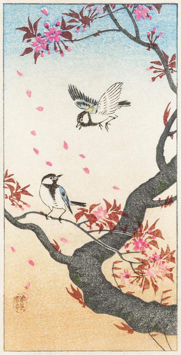Two great tits at blossoming tree (1925 -… | Free public domain illustration Two great tits at blossoming tree (1925 - 1936) by Ohara Koson (1877-1945). Original from The Rijksmuseum. Digitally enhanced…