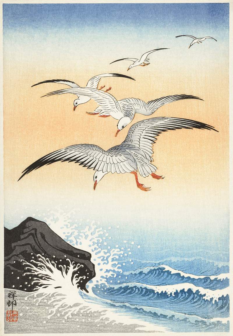 Five seagulls above turbulent sea (1900 - 1930) by Ohara Koson (1877-1945). Original from The Rijksmuseum. Digitally enhanced…
