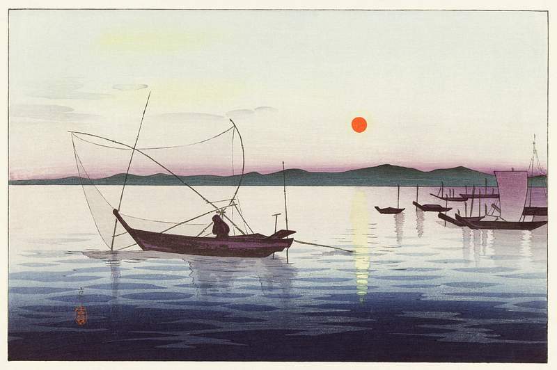 Boats and setting sun (1900 - 1936) by Ohara Koson (1877-1945). Original from The Rijksmuseum. Digitally enhanced by…
