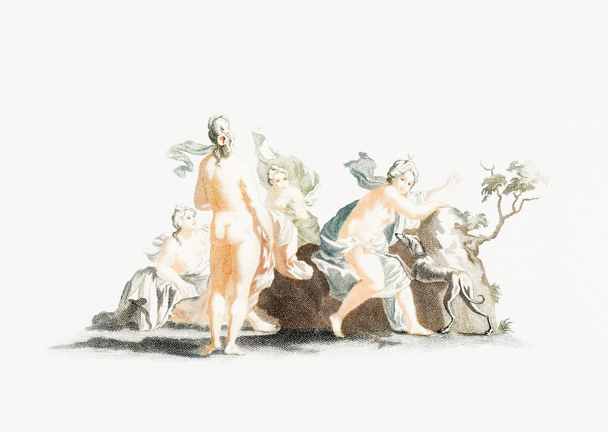 Diana and her nymphs (1688-1698) by Johan… | Royalty free stock psd mockup | High Resolution design Diana and her nymphs (1688-1698) by Johan Teyler (1648-1709). Original from Rijks Museum. Digitally enhanced by rawpixel.