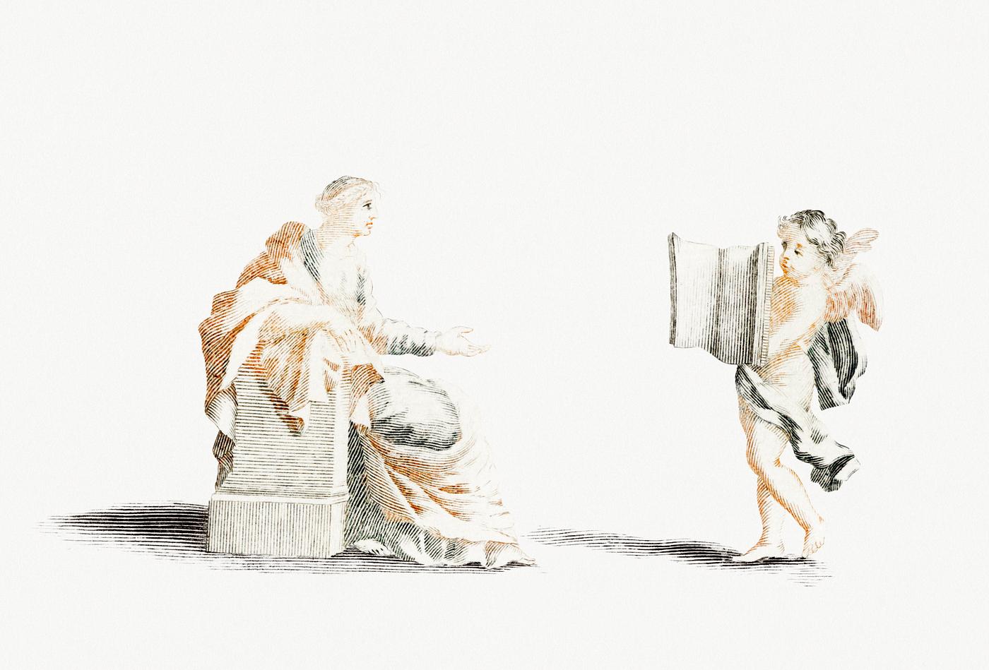 Amor presents a book to a muse by Johan Teyler (1648-1709). Original from Rijks Museum. Digitally enhanced by rawpixel. Amor presents a book to a muse by Johan Teyler (1648-1709). Original from Rijks Museum. Digitally enhanced by rawpixel.