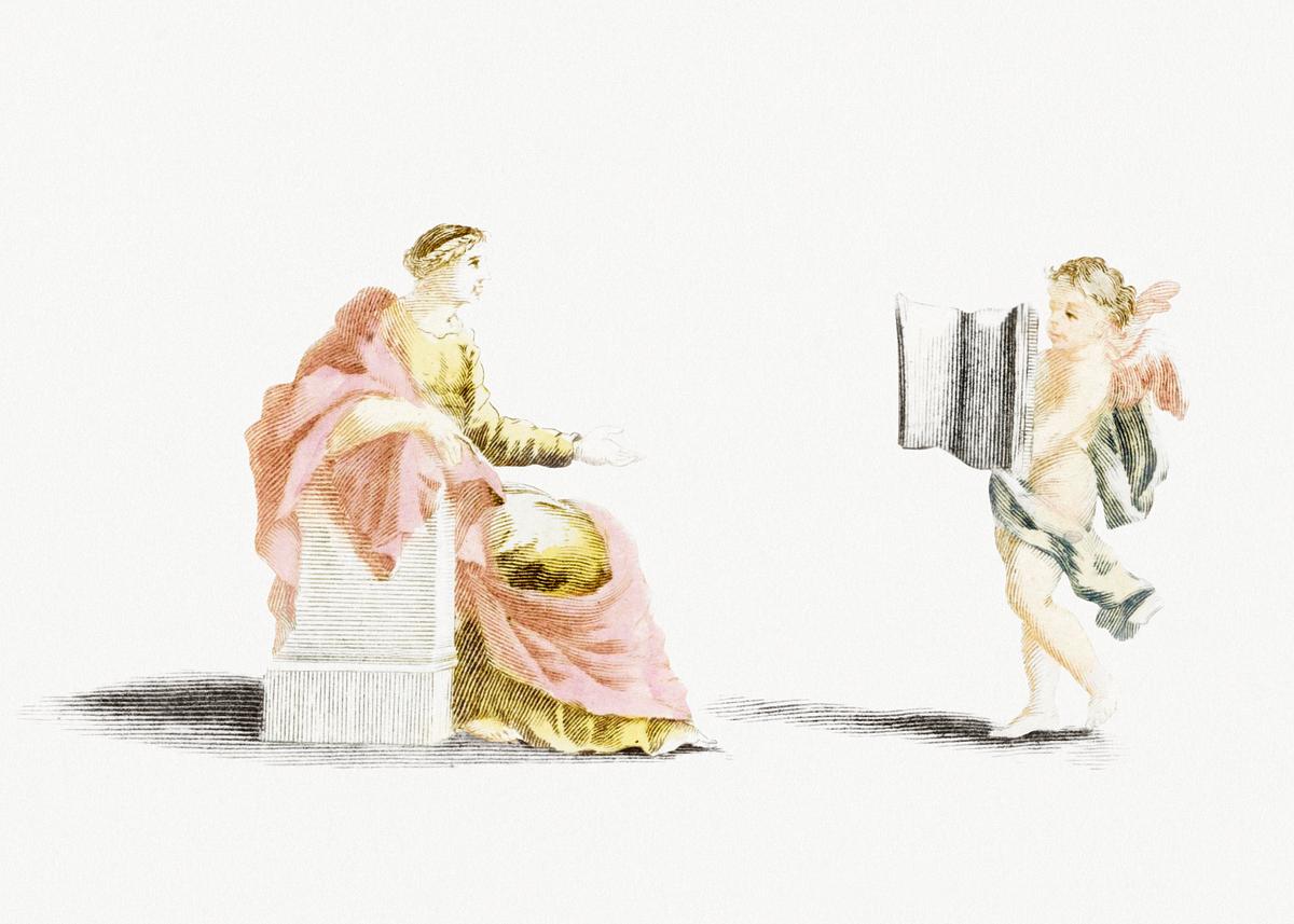 Amor presents a book to a muse by Johan… | Royalty free stock psd mockup | High Resolution design Amor presents a book to a muse by Johan Teyler (1648-1709). Original from Rijks Museum. Digitally enhanced by rawpixel.