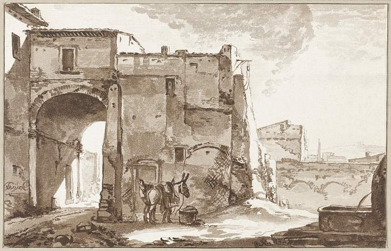 Poort met reiziger en muildier (ca. 1781–1782) by Cornelis Ploos van Amstel. Original from The Rijksmuseum. Digitally…