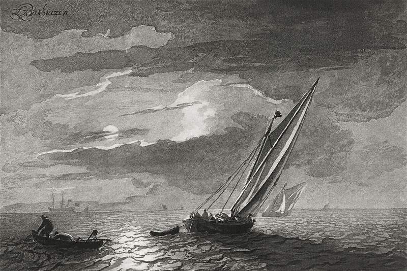 Seascape with full moon (ca. 1779–1781) by Cornelis Ploos van Amstel. Original from The Rijksmuseum. Digitally enhanced…