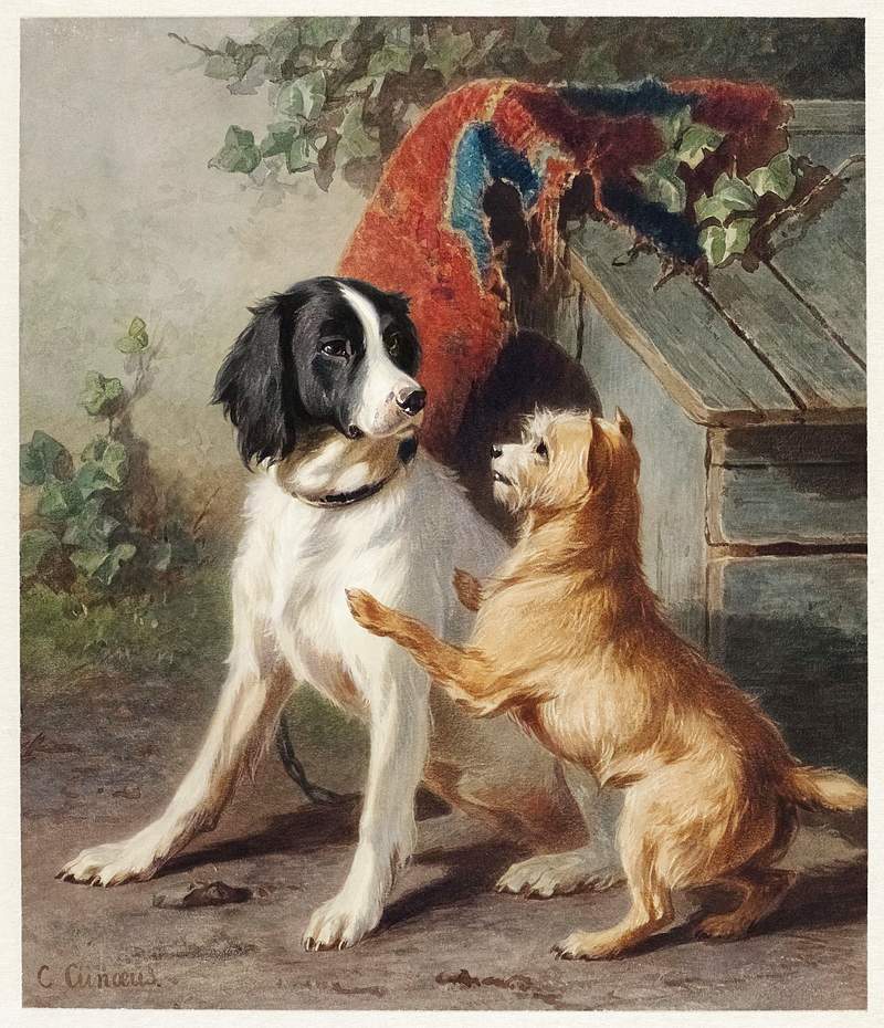 Two dogs by a kennel by Conradijn Cunaeus (1828–1895). Original from The Rijksmuseum. Digitally enhanced by rawpixel.
