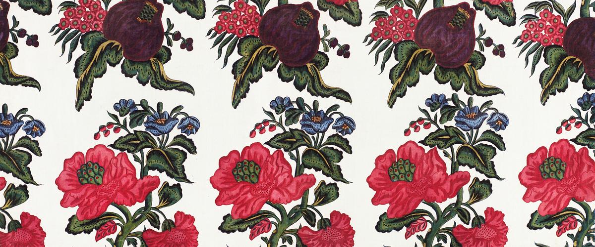 Floral patterned print | Free public domain illustration Fragment sits with a pattern of a branch with large fruit and flowers (1735–1740) by anonymous. Original from The…