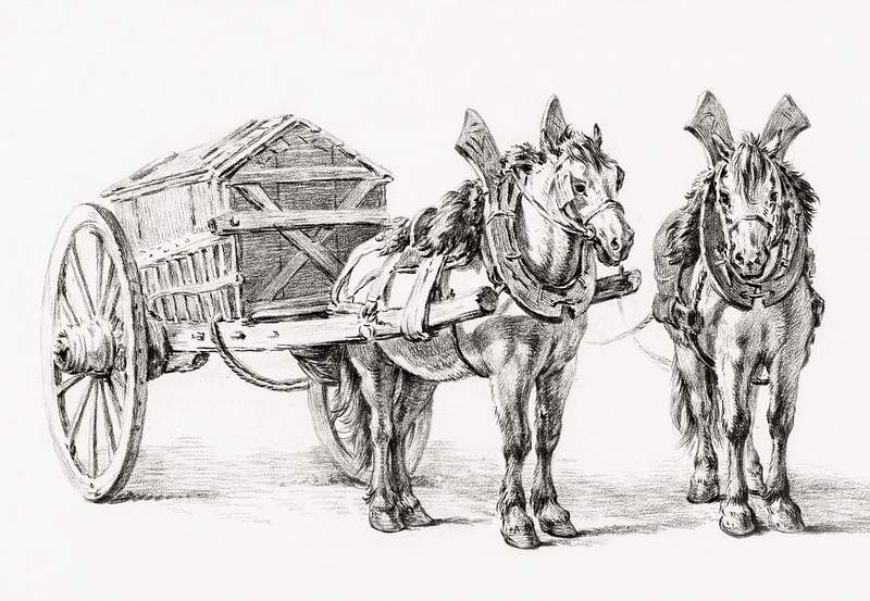 Horses with wagon by Jean Bernard (1775-1883). Original from The Rijksmuseum. Digitally enhanced by rawpixel.