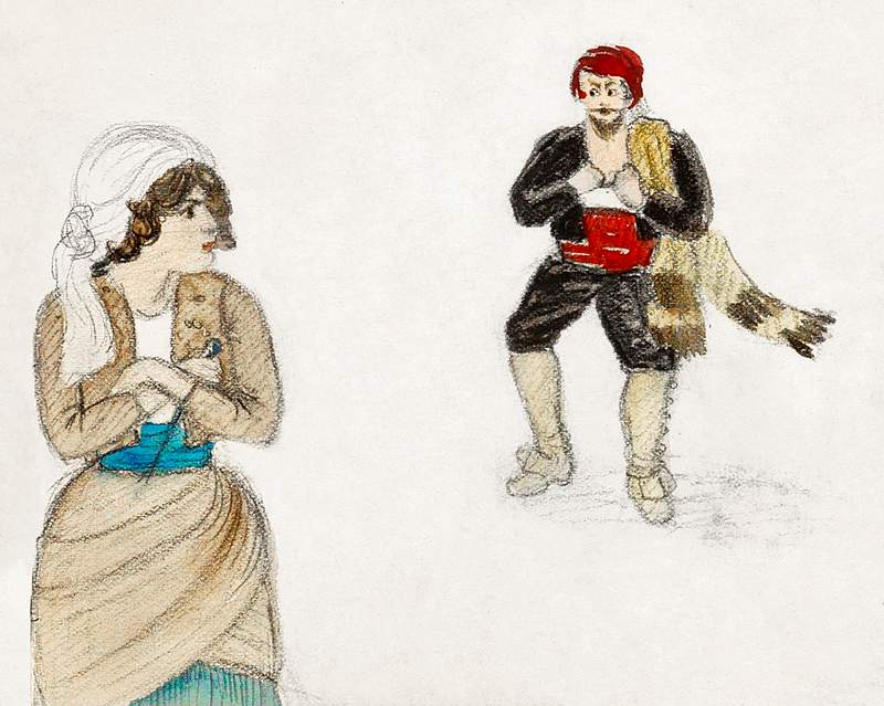 Don Jose presents Carmen his chest, scene from the third act of the opera Carmen (1894) by Julie de Graag (1877-1924).…