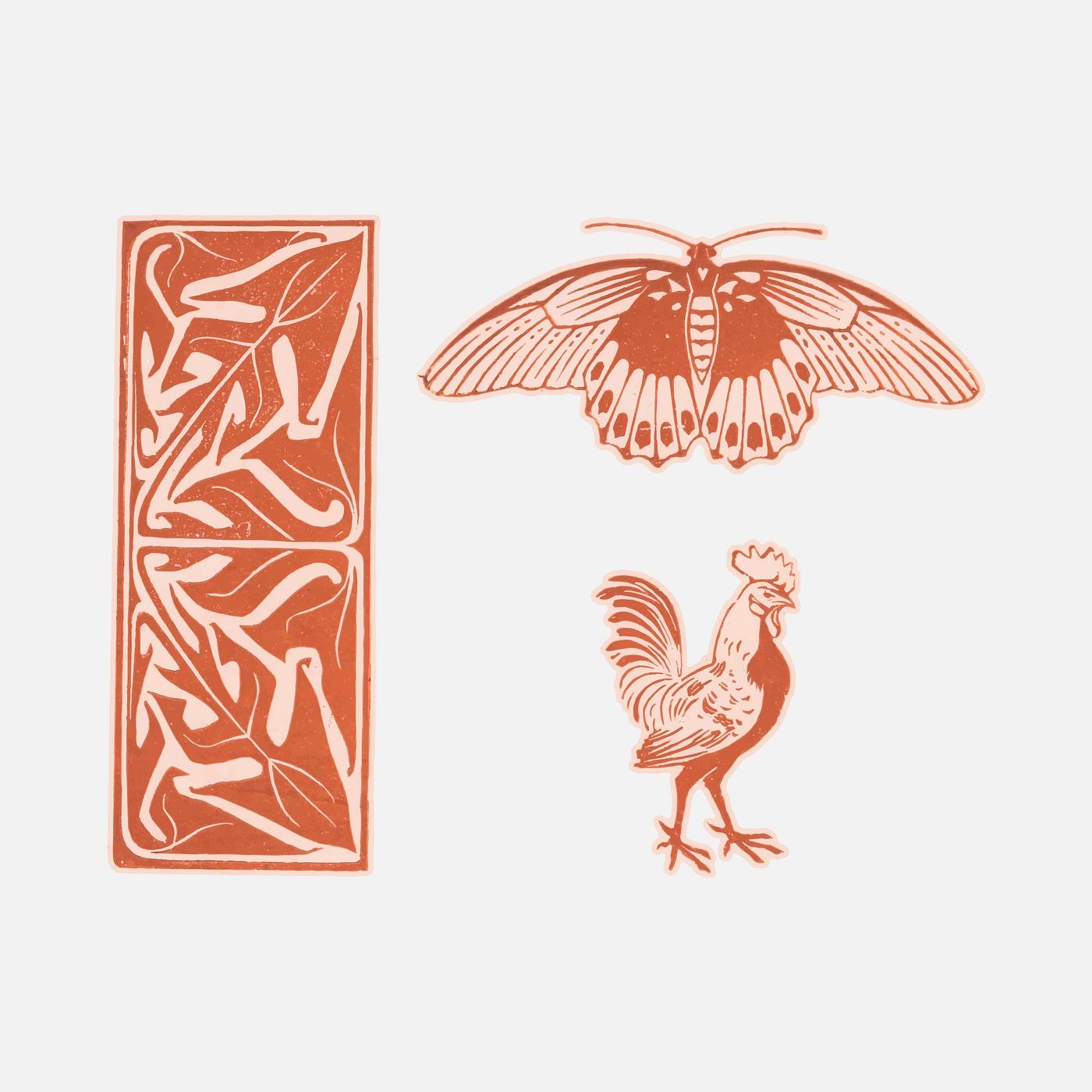 Butterfly, rooster and leaf ornament (1901) by Julie de Graag (1877-1924). Original from the Rijks Museum. Digitally... Butterfly, rooster and leaf ornament (1901) by Julie de Graag (1877-1924). Original from the Rijks Museum. Digitally...