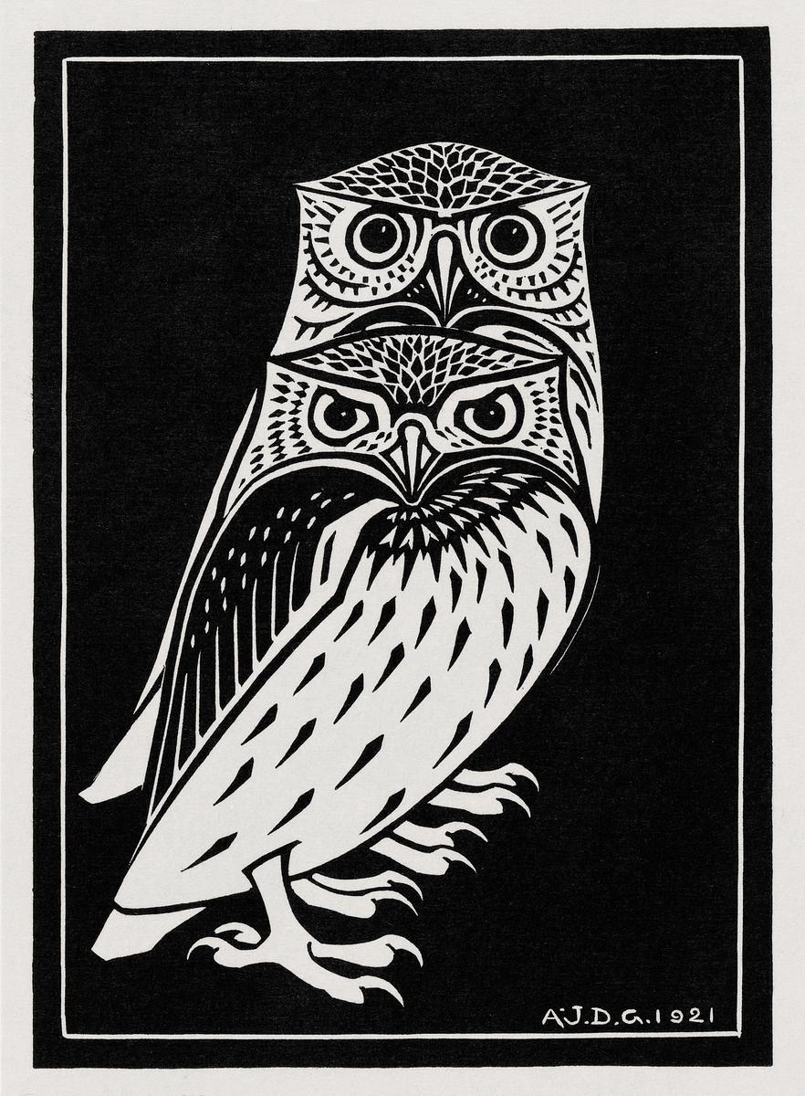 Two Owls 1921 By Julie De Graag 1877 Free Public Domain Illustration two-owls-1921-by-julie-de-graag-1877-free-public-domain-illustration