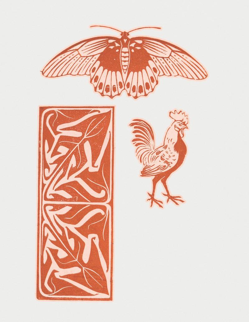 Vintage Illustration of Butterfly, rooster and leaf ornament. Vintage Illustration of Butterfly, rooster and leaf ornament.