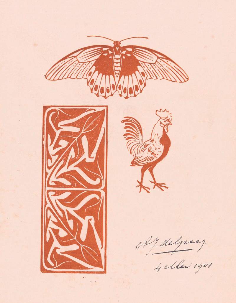 Butterfly, rooster and leaf ornament (1901) by Julie de Graag (1877-1924). Original from The Rijksmuseum. Digitally enhanced…