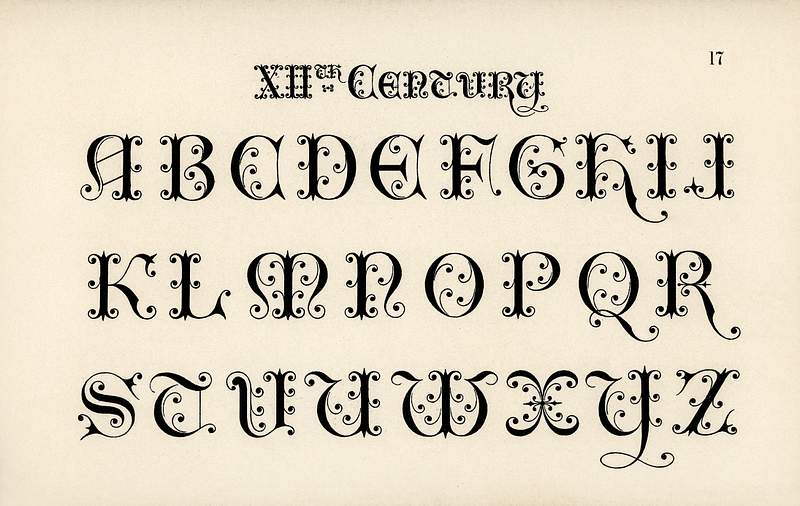 12th-century calligraphy fonts from Draughtsman's Alphabets by Hermann Esser (1845–1908). Digitally enhanced from our…