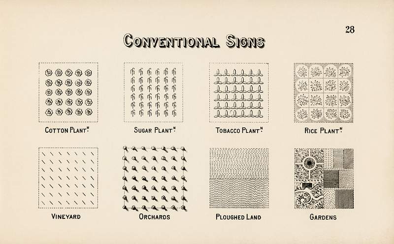 Conventional signs for maps from Draughtsman's Alphabets by Hermann Esser (1845–1908). Digitally enhanced from our own…