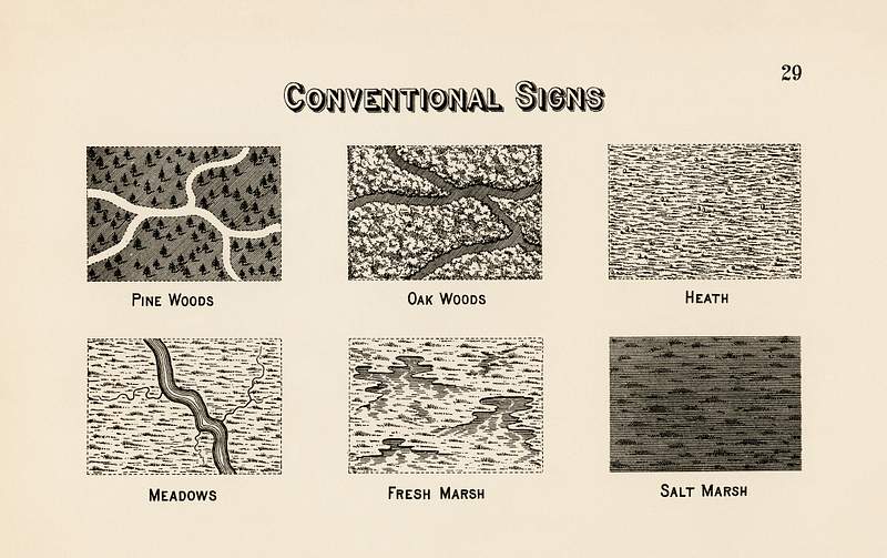 Conventional signs for maps from Draughtsman's Alphabets by Hermann Esser (1845–1908). Digitally enhanced from our own…