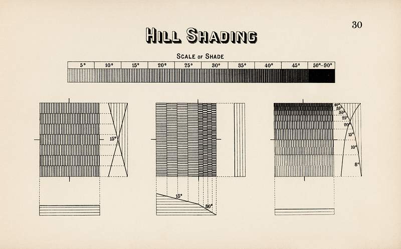 Hill shading guideline from Draughtsman's Alphabets by Hermann Esser (1845–1908). Digitally enhanced from our own 5th…
