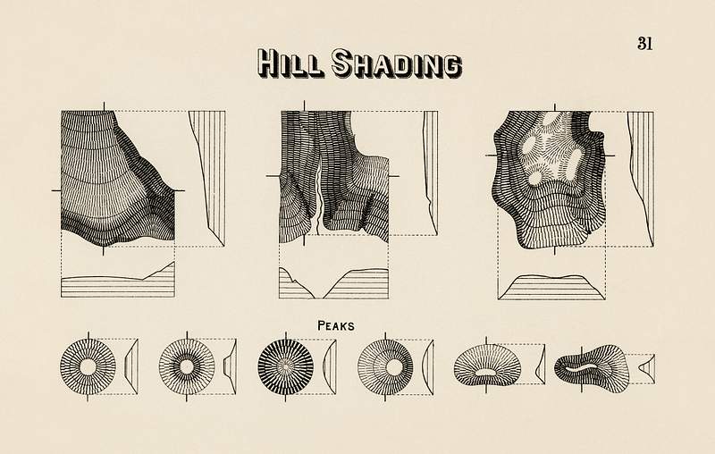 Hill shading guideline from Draughtsman's Alphabets by Hermann Esser (1845–1908). Digitally enhanced from our own 5th…