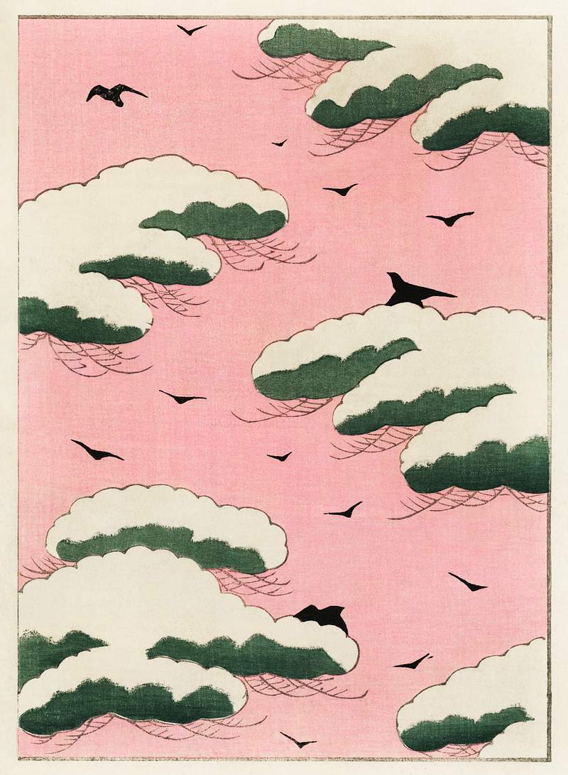 Pink sky illustration from Bijutsu Sekai (1893-1896) by Watanabe Seitei, a prominent Kacho-ga artist. Digitally enhanced from…
