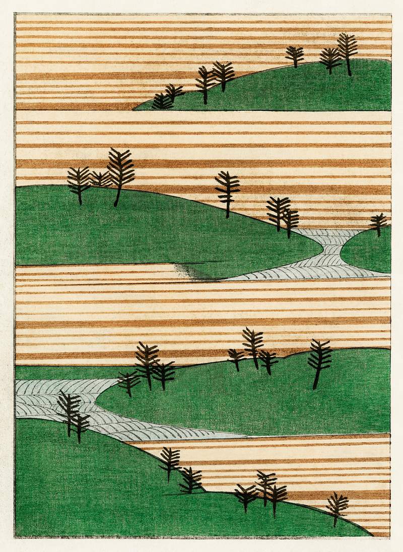 Landscape illustration from Bijutsu Sekai (1893-1896) by Watanabe Seitei, a prominent Kacho-ga artist. Digitally enhanced…