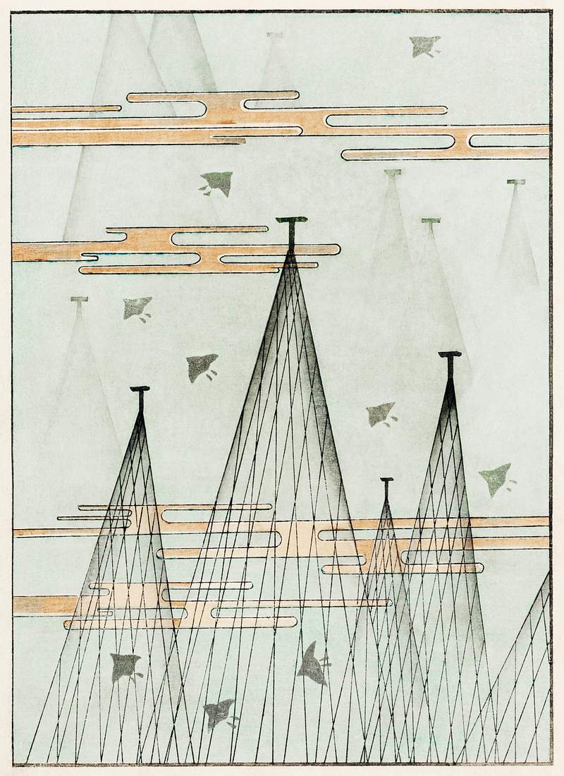 Skyscape with birds flying from Bijutsu Sekai (1893-1896) by Watanabe Seitei, a prominent Kacho-ga artist. Digitally enhanced…