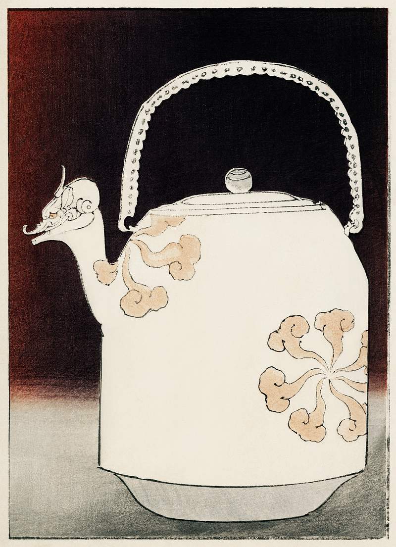 East Asian inspired kettle illustration from Bijutsu Sekai (1893-1896) by Watanabe Seitei, a prominent Kacho-ga artist.…