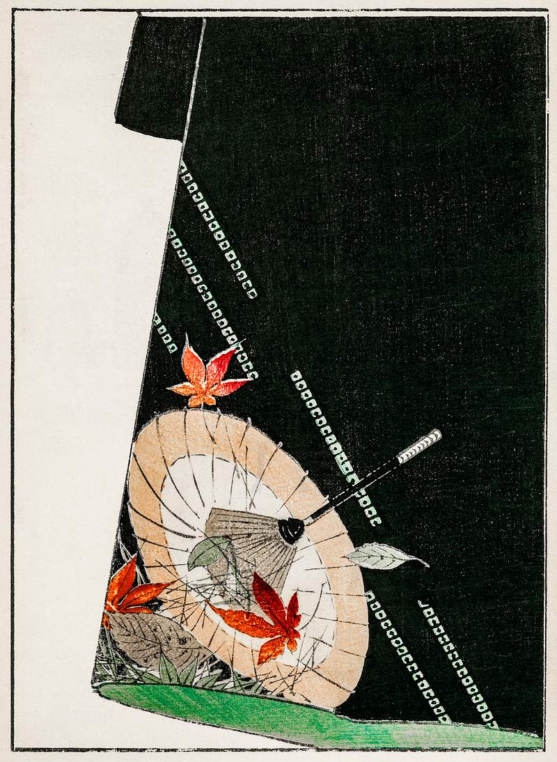 Parasol print on a Japanese robe illustration from Bijutsu Sekai (1893-1896) by Watanabe Seitei, a prominent Kacho-ga artist.…