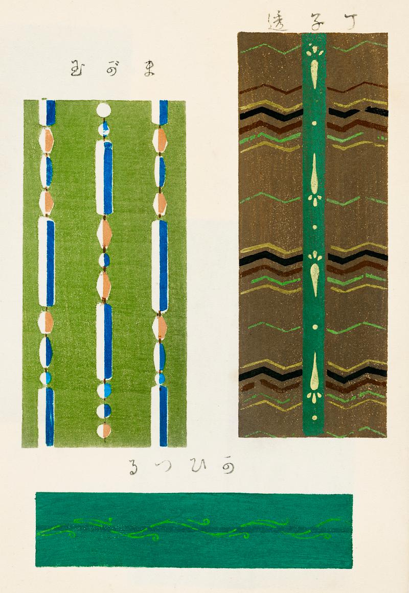 Vintage woodblock print of Japanese textile from Shima-Shima (1904) by Furuya Korin. Digitally enhanced from our own original edition. Vintage woodblock print of Japanese textile from Shima-Shima (1904) by Furuya Korin. Digitally enhanced from our own original…