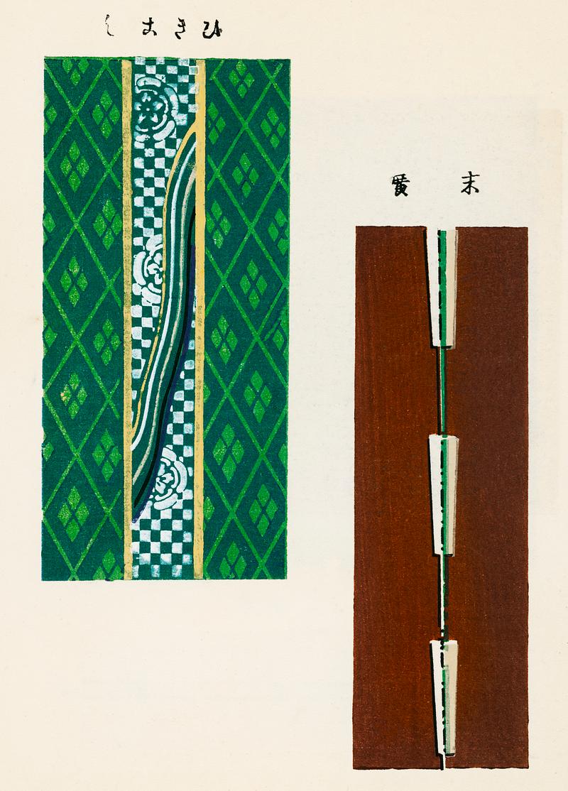 Vintage woodblock print of Japanese textile from Shima-Shima (1904) by Furuya Korin. Digitally enhanced from our own original edition. Vintage woodblock print of Japanese textile from Shima-Shima (1904) by Furuya Korin. Digitally enhanced from our own original…