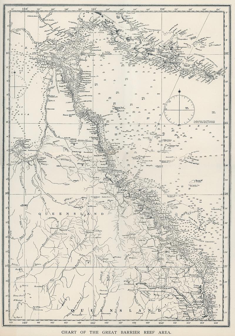 Chart of the Great Barrier Reef Area from The Great Barrier Reef of Australia (1893) by William Saville-Kent (1845-1908). Digitally enhanced from our own original edition. Chart of the Great Barrier Reef Area from The Great Barrier Reef of Australia (1893) by William Saville-Kent (1845-1908).…
