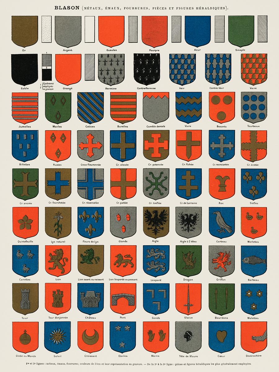 A collection of colorful ancient French… | Free public domain illustration A collection of colorful ancient French heraldic blazons from the book, Nouveau Larousse illustré : dictionnaire universel…