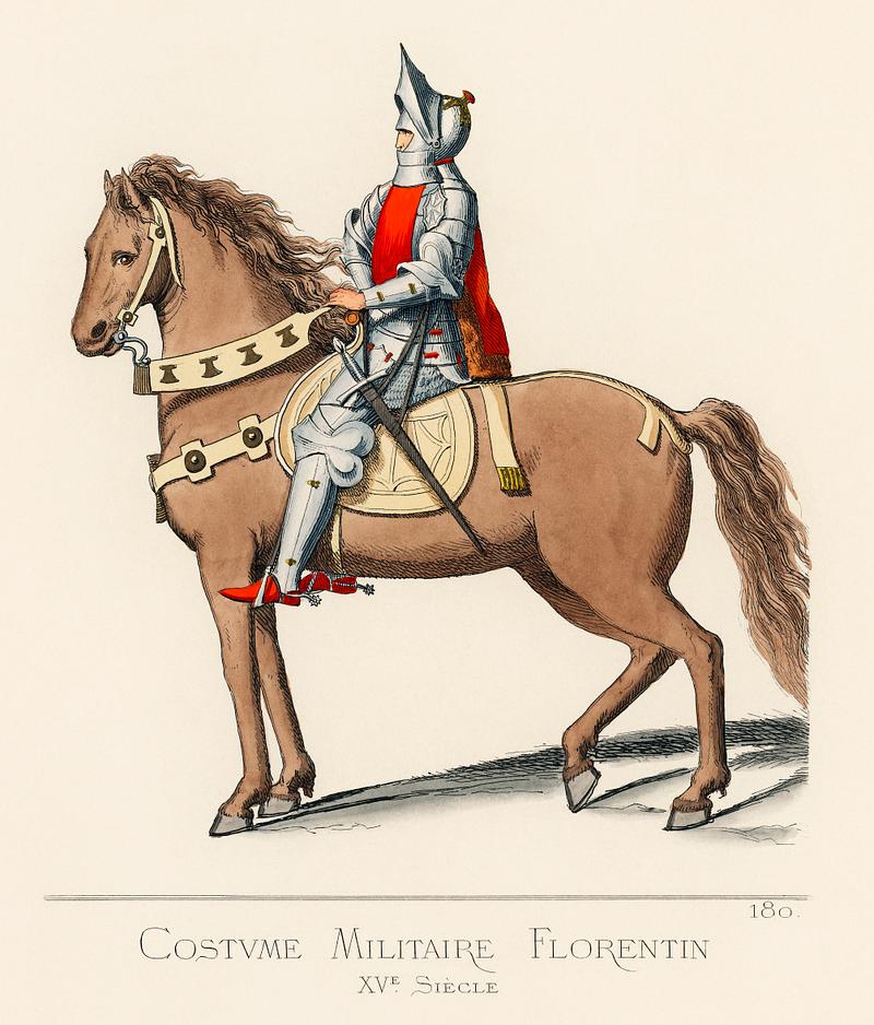 Costume Militaire Florentin, XVe Siecle, translated Florentine Military Costume, 15th Century by Paul Mercuri (1860) a portrait of a knight on horse back with full armor. Digitally enhanced from our own original plate. Costume Militaire Florentin, XVe Siecle, translated Florentine Military Costume, 15th Century by Paul Mercuri (1860) a…