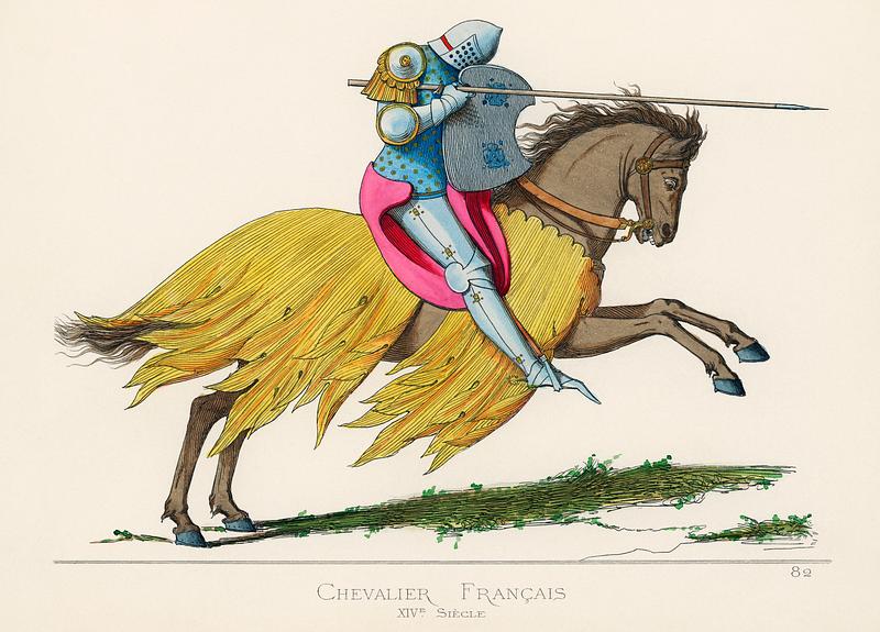 Chevalier Francais, XIVe Siecle, translated French Knight, 14th Century, by Paul Mercuri (1860), a a knight on horse back with full armor ready to joust. Digitally enhanced from our own original plate. Chevalier Francais, XIVe Siecle, translated French Knight, 14th Century, by Paul Mercuri (1860), a a knight on horse back…