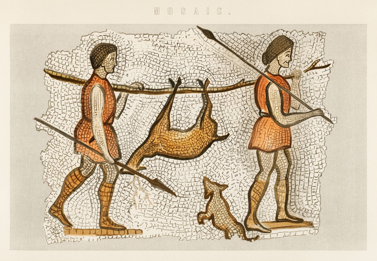 A Mosaic Illustration Of Hunter Gatherers Taken From William MacKenzie a-mosaic-illustration-of-hunter-gatherers-taken-from-william-mackenzie