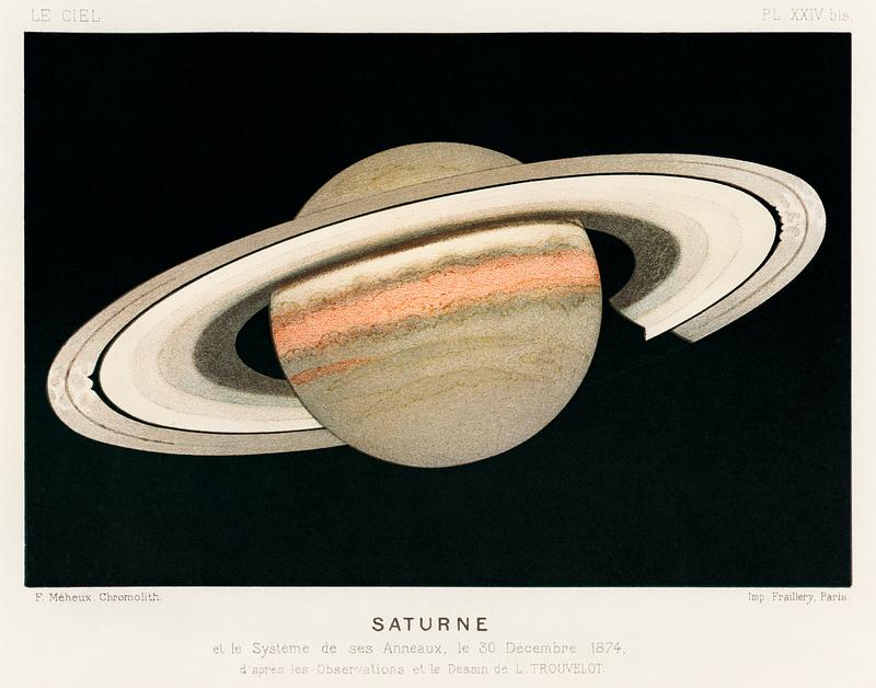 Lithograph Saturne printed in 1877, by F. Meheux, an antique representation of the planet saturn. Digitally enhanced from our own original plate. Lithograph Saturne printed in 1877, by F. Meheux, an antique representation of the planet saturn. Digitally enhanced from our…