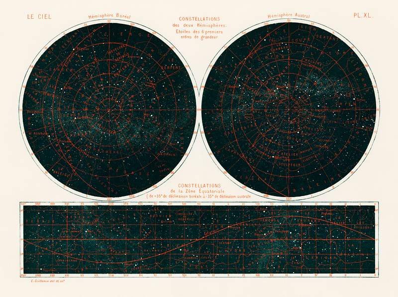 Constellations of the Two Hemispheres (1877) from the book by Guillemin, Amédée, (1826-1893), a celestial chart of the two hemispheres in the night sky. Digitally enhanced from our own original chromolithograph. Constellations of the Two Hemispheres (1877) from the book by Guillemin, Amédée, (1826-1893), a celestial chart of the two…