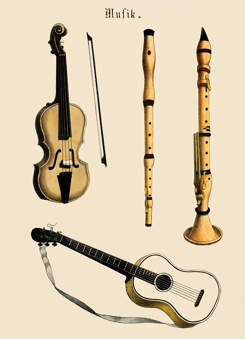 Wooden music instruments | Free public domain illustration Musik (1850) published in Copenhagen, a vintage illustration of a violin, classical guitar and flute variants. Digitally…