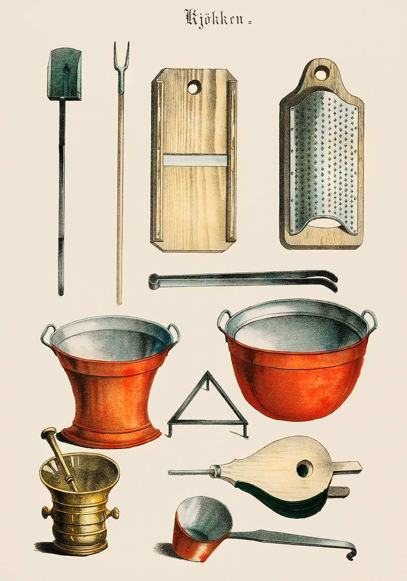 Kjokken (1850) published in Copenhagen, a… | Free public domain illustration Kjokken (1850) published in Copenhagen, a vintage collection of kitchenware. Digitally enhanced from our own antique…