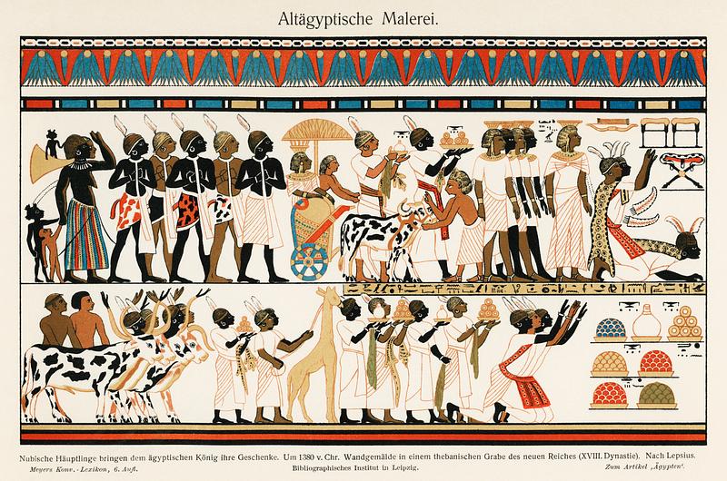 Ancient Eygptian Painting (1904), depicting an ancient vibrantly colored illustration of Nubian chiefs bringing gifts to their king. Digitally enhanced from our own antique print. Ancient Eygptian Painting (1904), depicting an ancient vibrantly colored illustration of Nubian chiefs bringing gifts to…