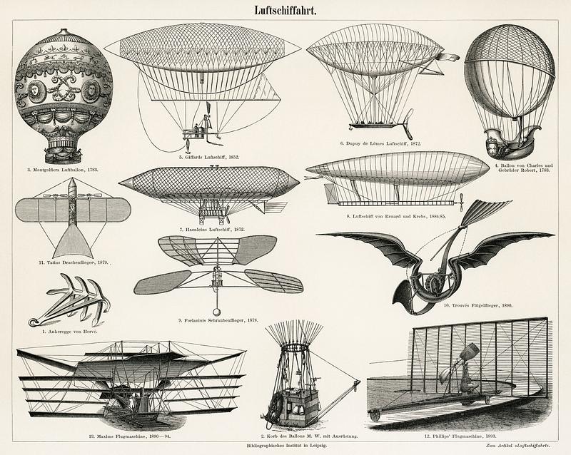 Air Navigation (1897) from the German series, Meyers Konversations Lexikon, a vintage collection of early flying machines including air balloons, airships, airplanes and more. Digitally enhanced from our own original antique plate. Air Navigation (1897) from the German series, Meyers Konversations Lexikon, a vintage collection of early flying machines…