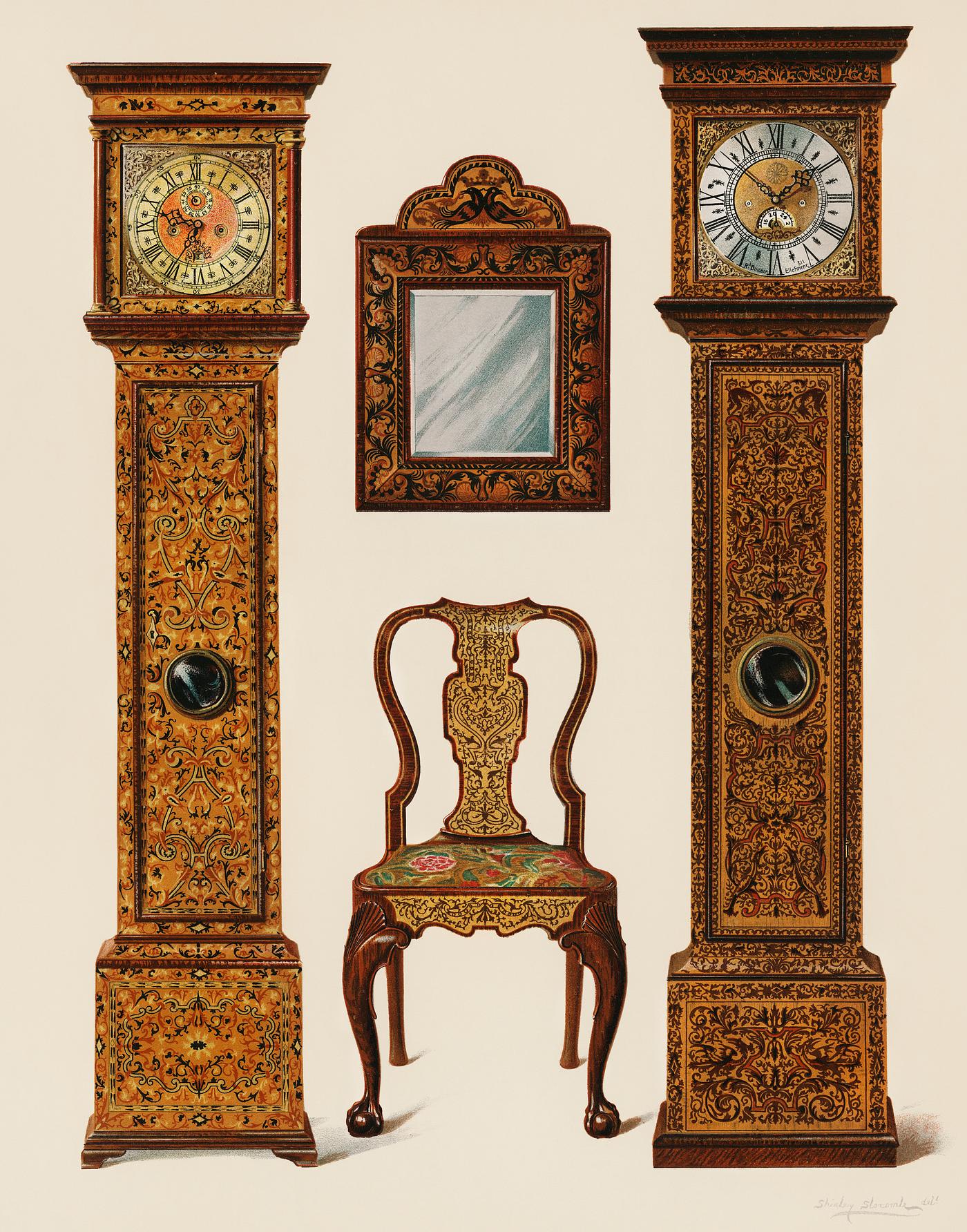 An illustration of Edwardian furniture (1905) drawn by Shirley Slocombe, a beautifully detailed design of a wooden chair,... An illustration of Edwardian furniture (1905) drawn by Shirley Slocombe, a beautifully detailed design of a wooden chair,...