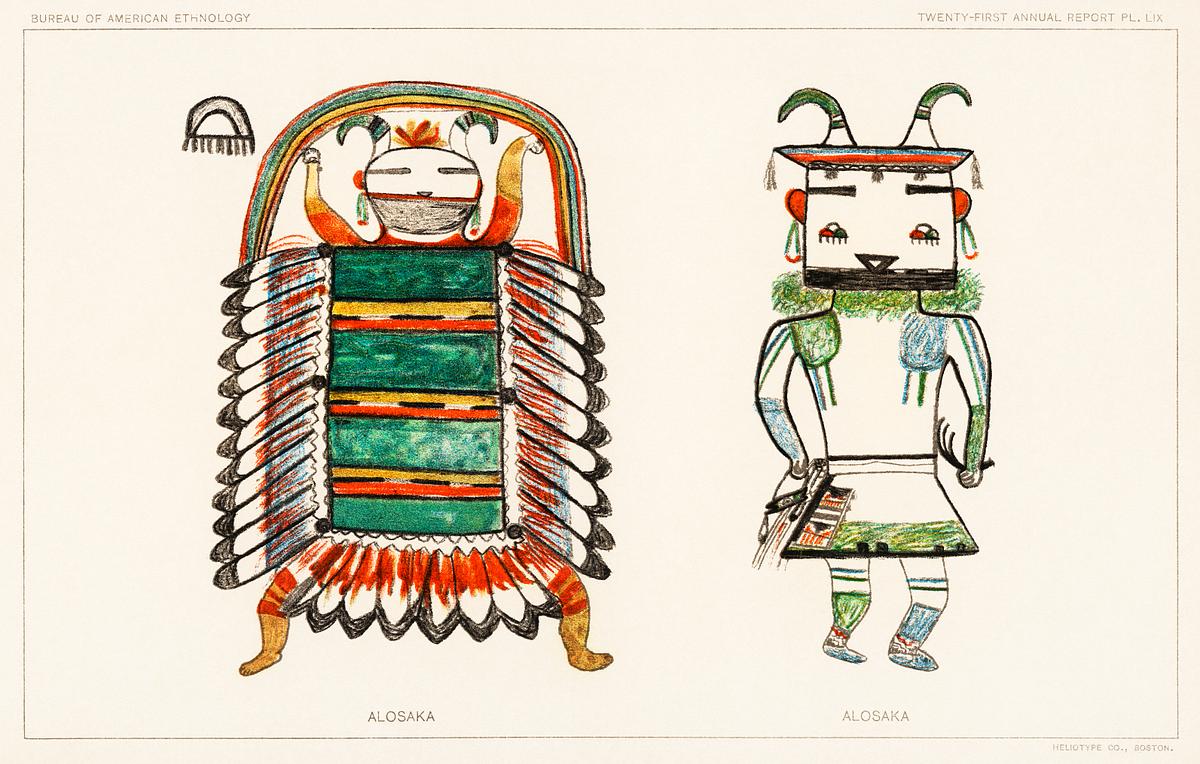 Hopi Katcinas - Alosaka (1895) drawn by the… | Free public domain illustration Hopi Katcinas - Alosaka (1895) drawn by the native people from the book of Jesse Walter Fewkes (1850–1930). Digitally…