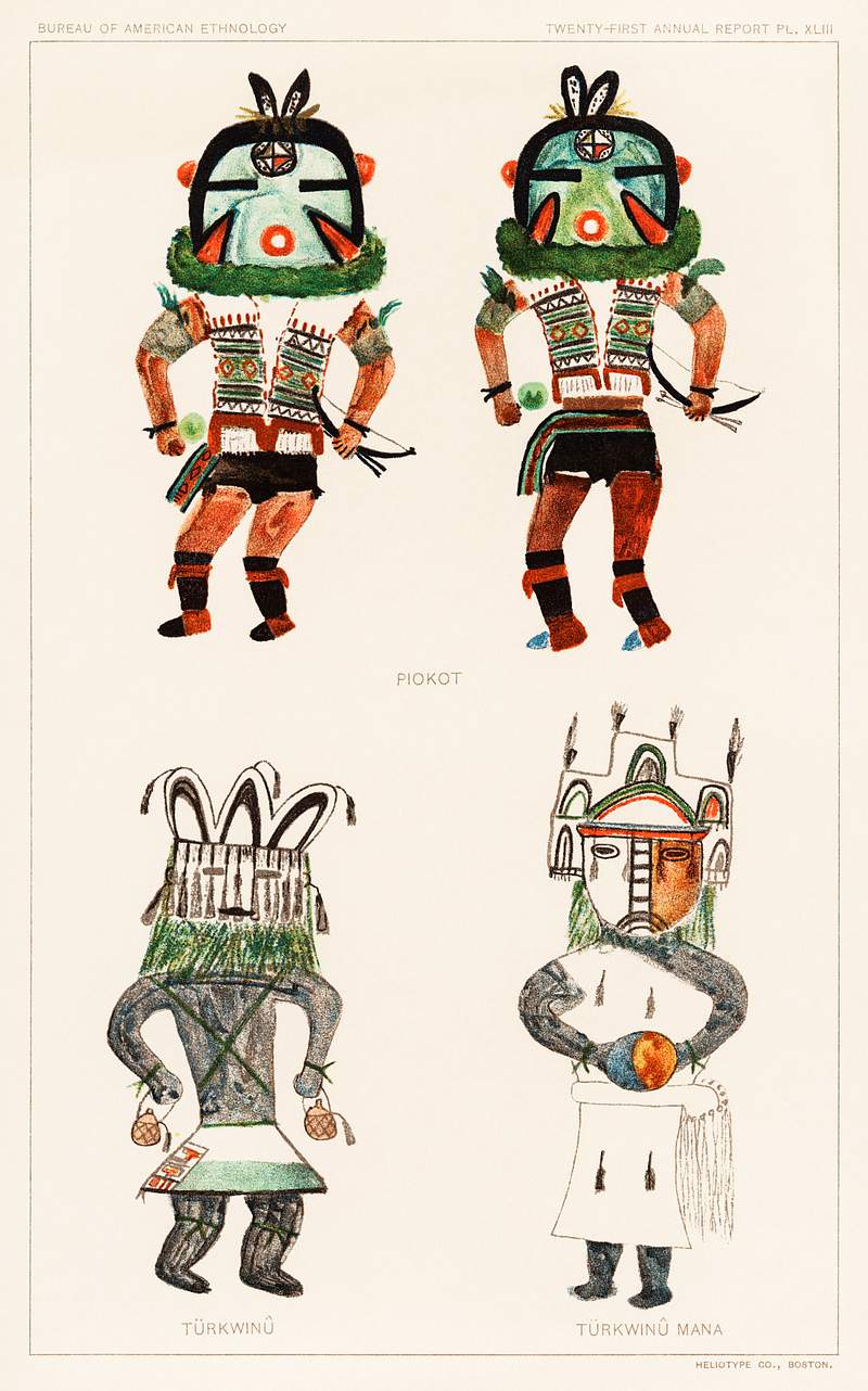 Hopi Katcinas - Piokot Turkwinu Turkwinu Mana… | Free public domain illustration Hopi Katcinas - Piokot Turkwinu Turkwinu Mana (1895) drawn by the native people from the book of Jesse Walter Fewkes…