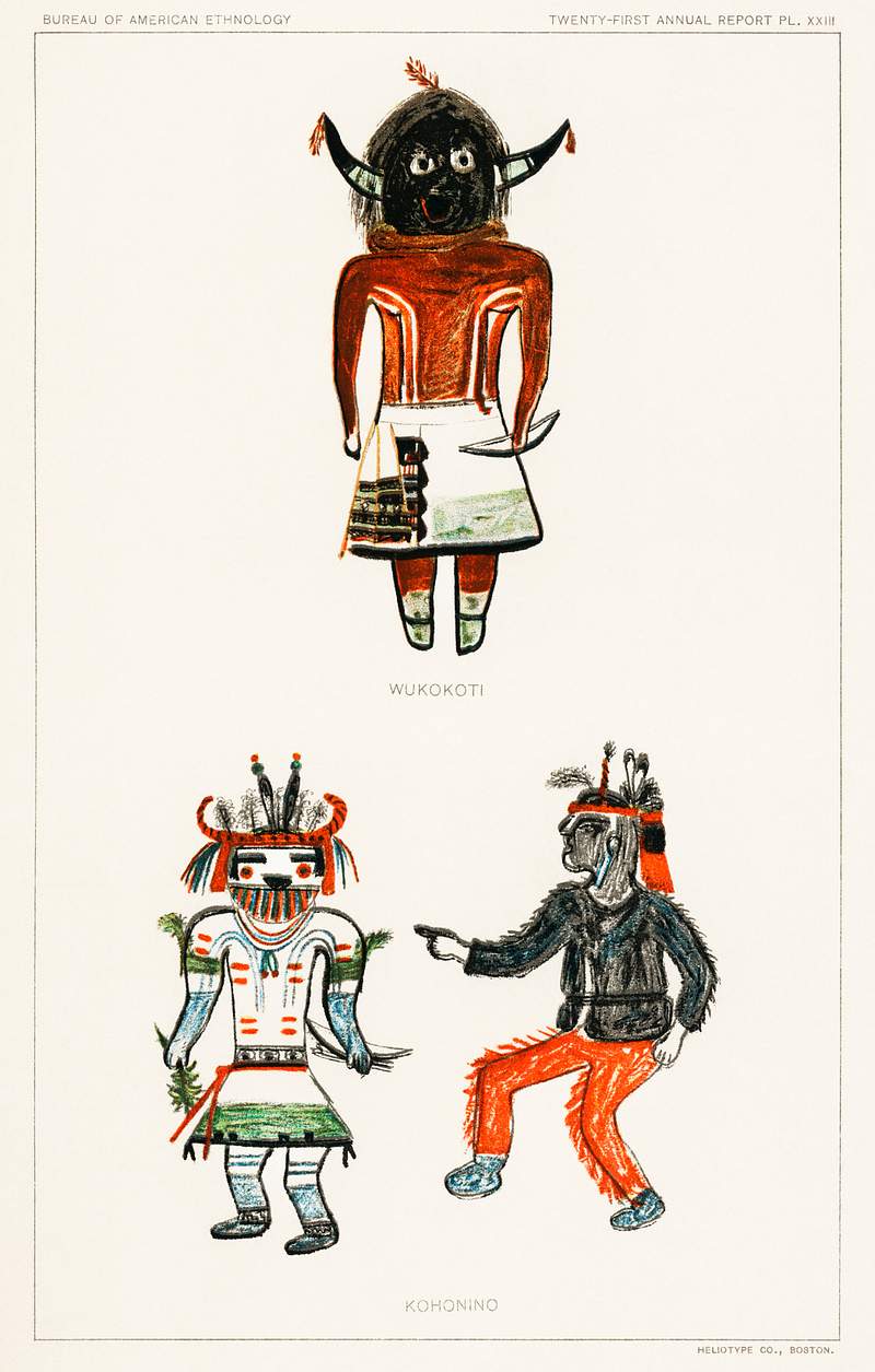 Hopi Katcinas - Piokot Turkwinu Turkwinu Mana… | Free public domain illustration Hopi Katcinas - Piokot Turkwinu Turkwinu Mana (1895) drawn by the native people from the book of Jesse Walter Fewkes…