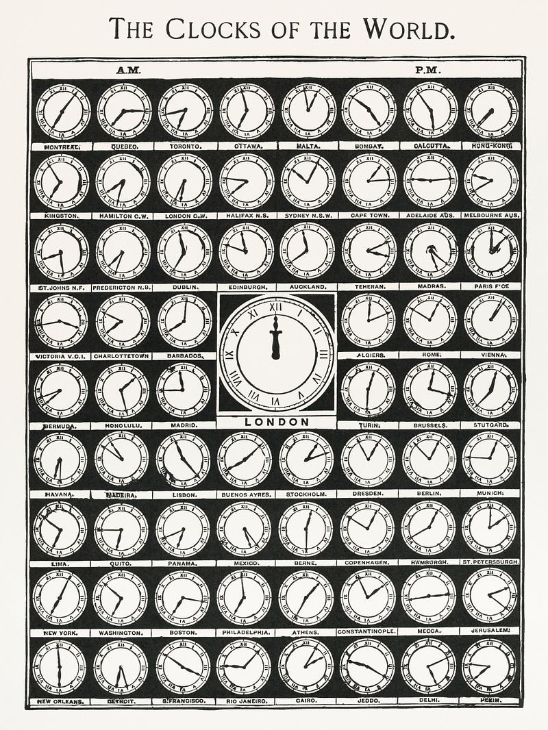 The Clocks of the World from Medicology (1910). Digitally enhanced from our own original plate. The Clocks of the World from Medicology (1910). Digitally enhanced from our own original plate.