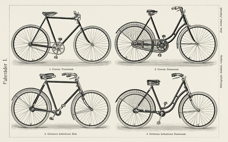 Fahrrader 1 (1894) from the German series, Meyers Konversations Lexikon, a black and white lithograph of different types of bicycles. Digitally enhanced from our own original antique plate. Fahrrader 1 (1894) from the German series, Meyers Konversations Lexikon, a black and white lithograph of different types of…